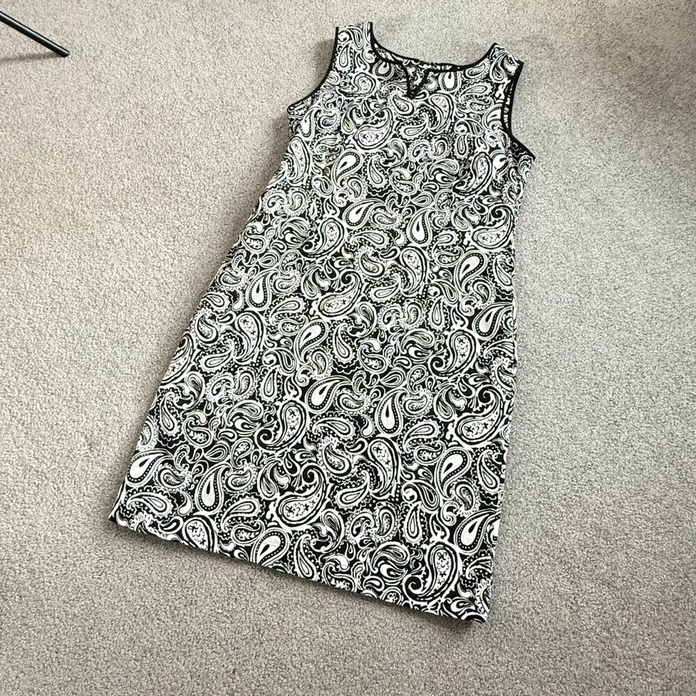 * Talbots Cotton Blend Paisley Black & White Sheath Dress Henley Neckline US 10
